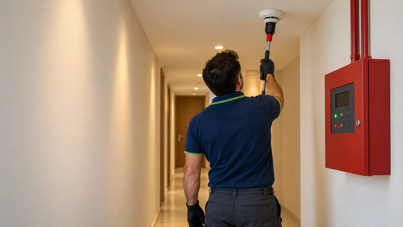 Technician testing a smoke detector on a corridor ceiling with the fire alarm control panel on the wall