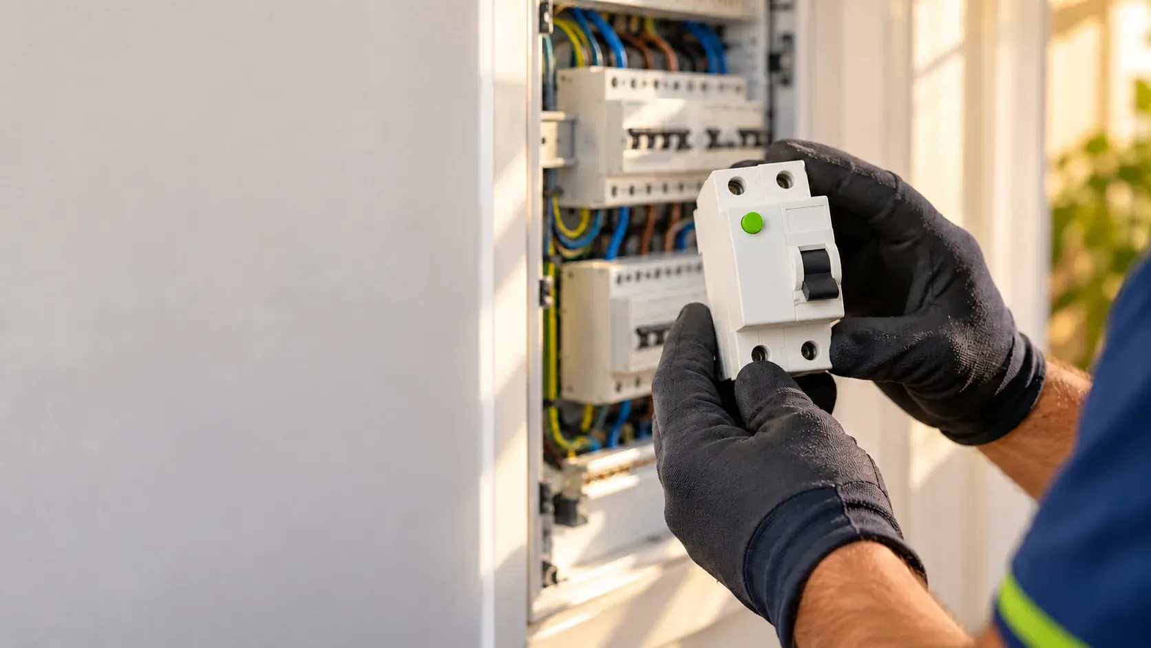 Electrician holding a new RCD in front of the open fuse board of a home