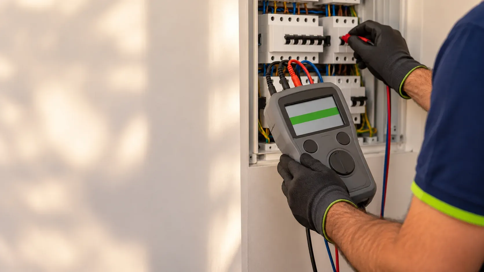 Electrician's hands with a multifunction tester connected to the fuse board of a home