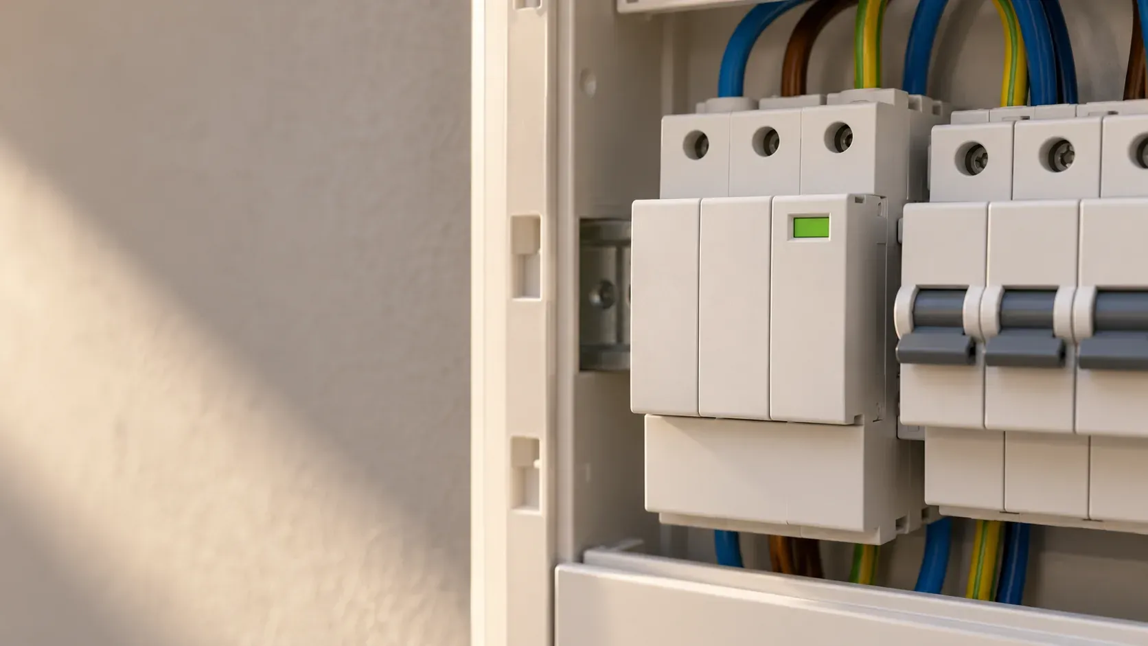 Close-up of a surge protector fitted in the fuse board of a home, with its green status indicator