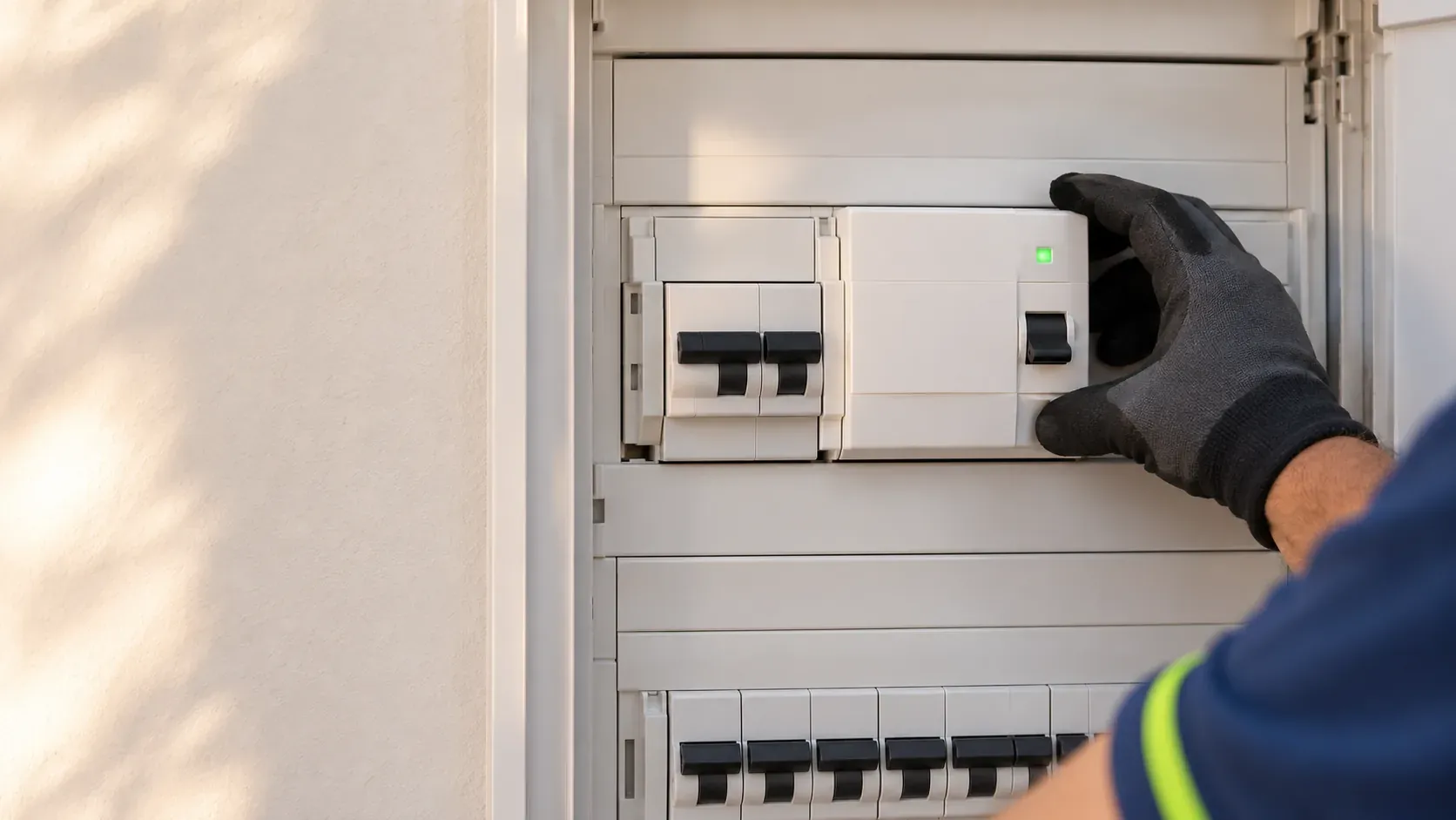 Mano de un electricista junto a un rearmador automático instalado sobre el diferencial en un cuadro eléctrico