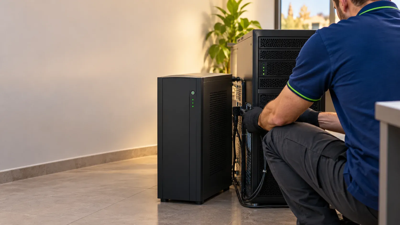 Technician connecting a tower UPS next to a server in a company office