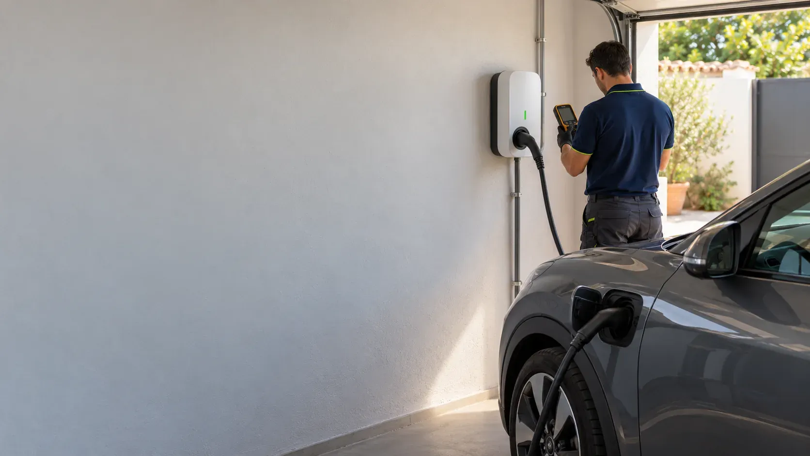 Wall-mounted electric car charger installed in a space of a communal garage in Seville, Spain