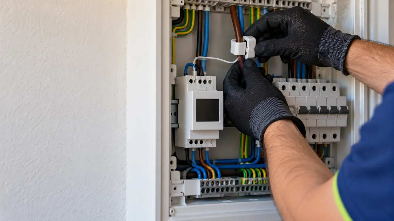Medidor de balanceo dinámico instalado en el cuadro eléctrico junto al interruptor general