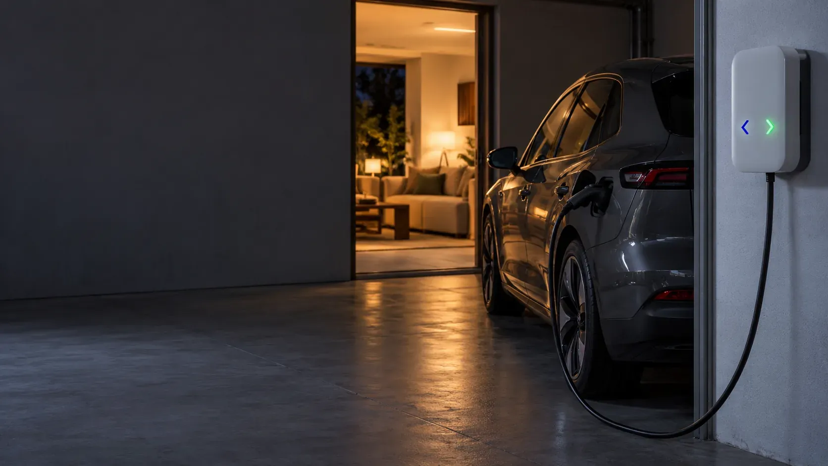 Electric car plugged in at night to a charger in the garage of a lit-up house