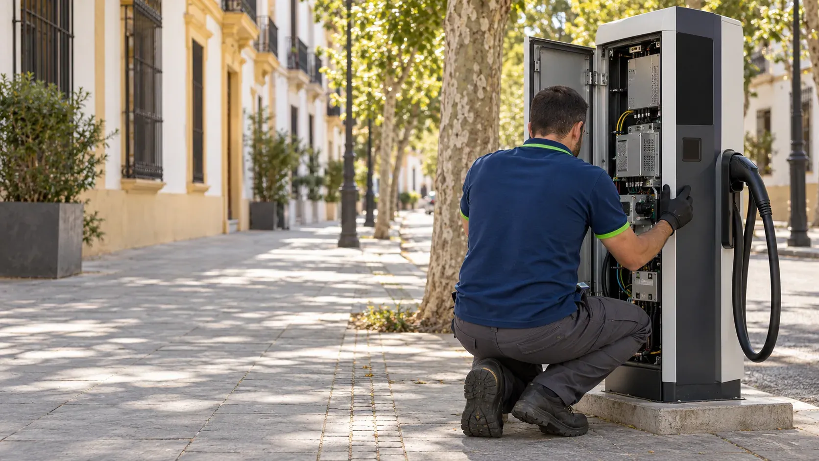 Cargador de pedestal con lector de tarjeta en una calle arbolada mientras el técnico abre la carcasa
