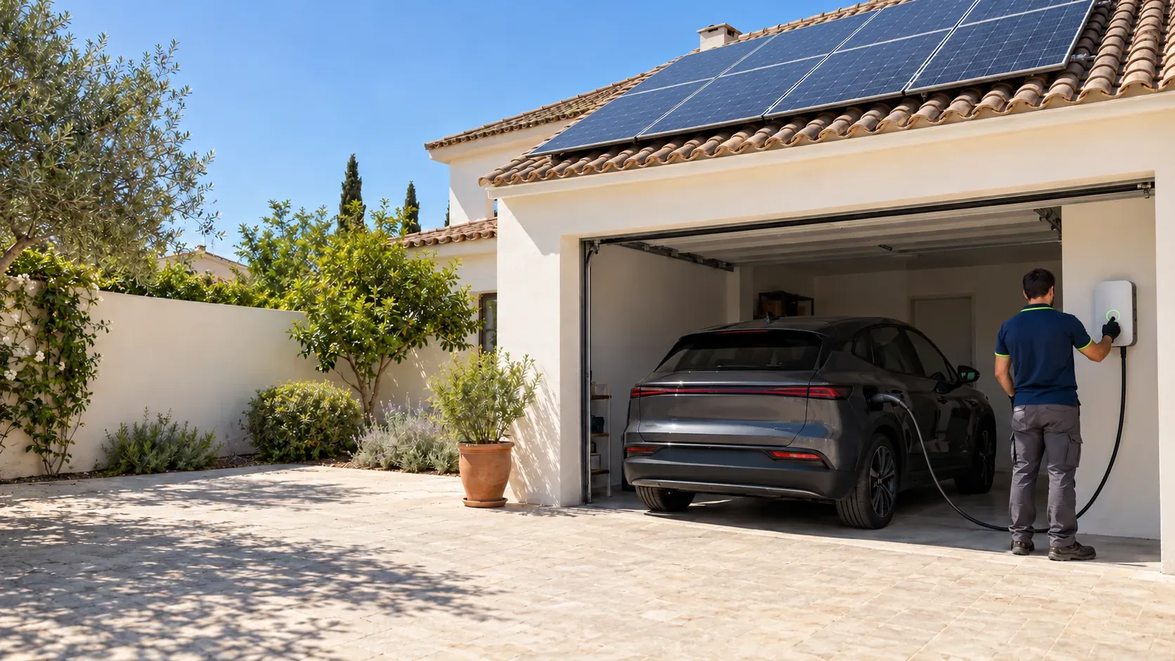 Villa with solar panels on the roof and an electric car charging in the porch