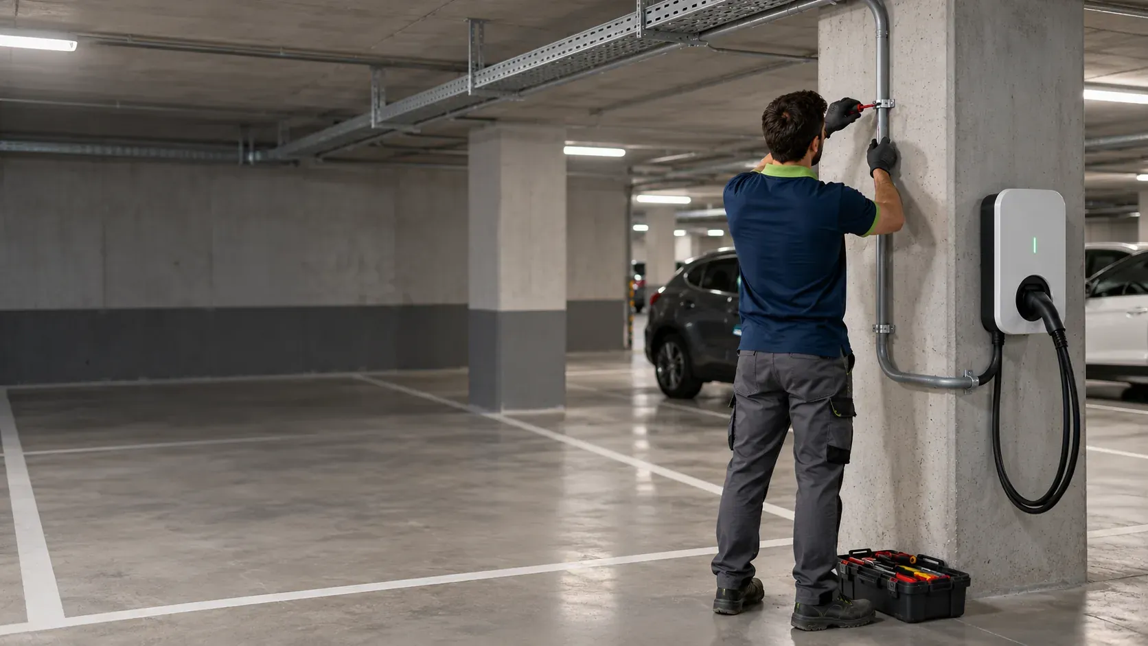 Wall charger installed in a communal garage parking space with the conduit running along the ceiling
