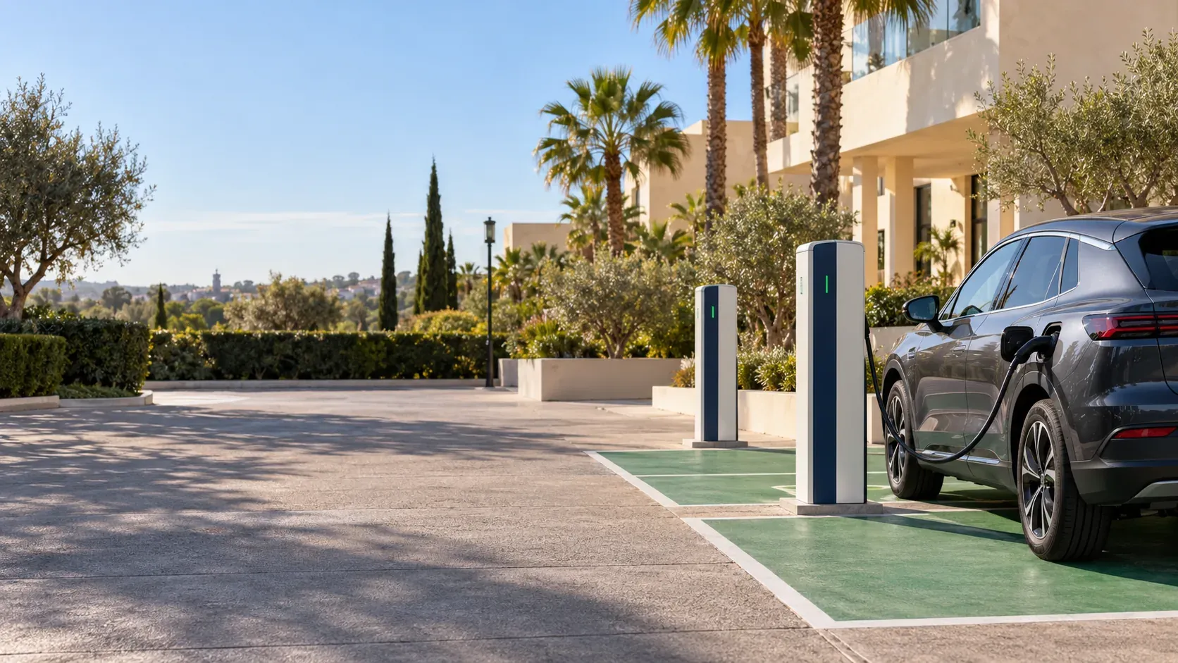 Cargador de coche eléctrico con lector de tarjetas en el aparcamiento de un hotel