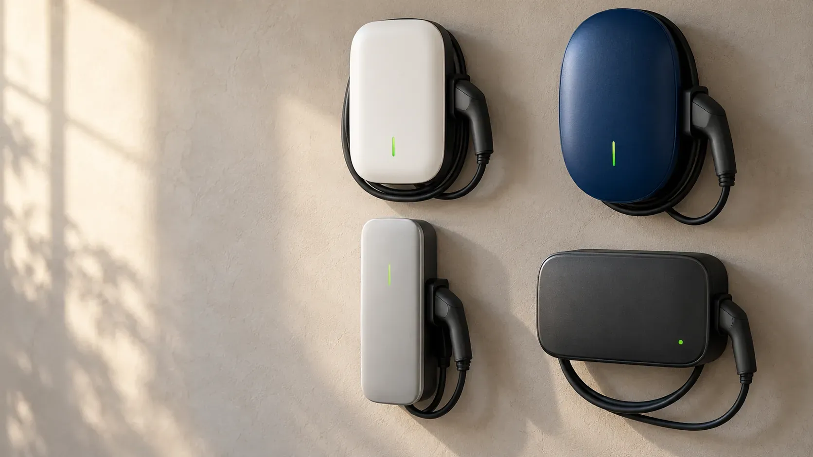 Several wall charger models from different brands displayed on a white wall