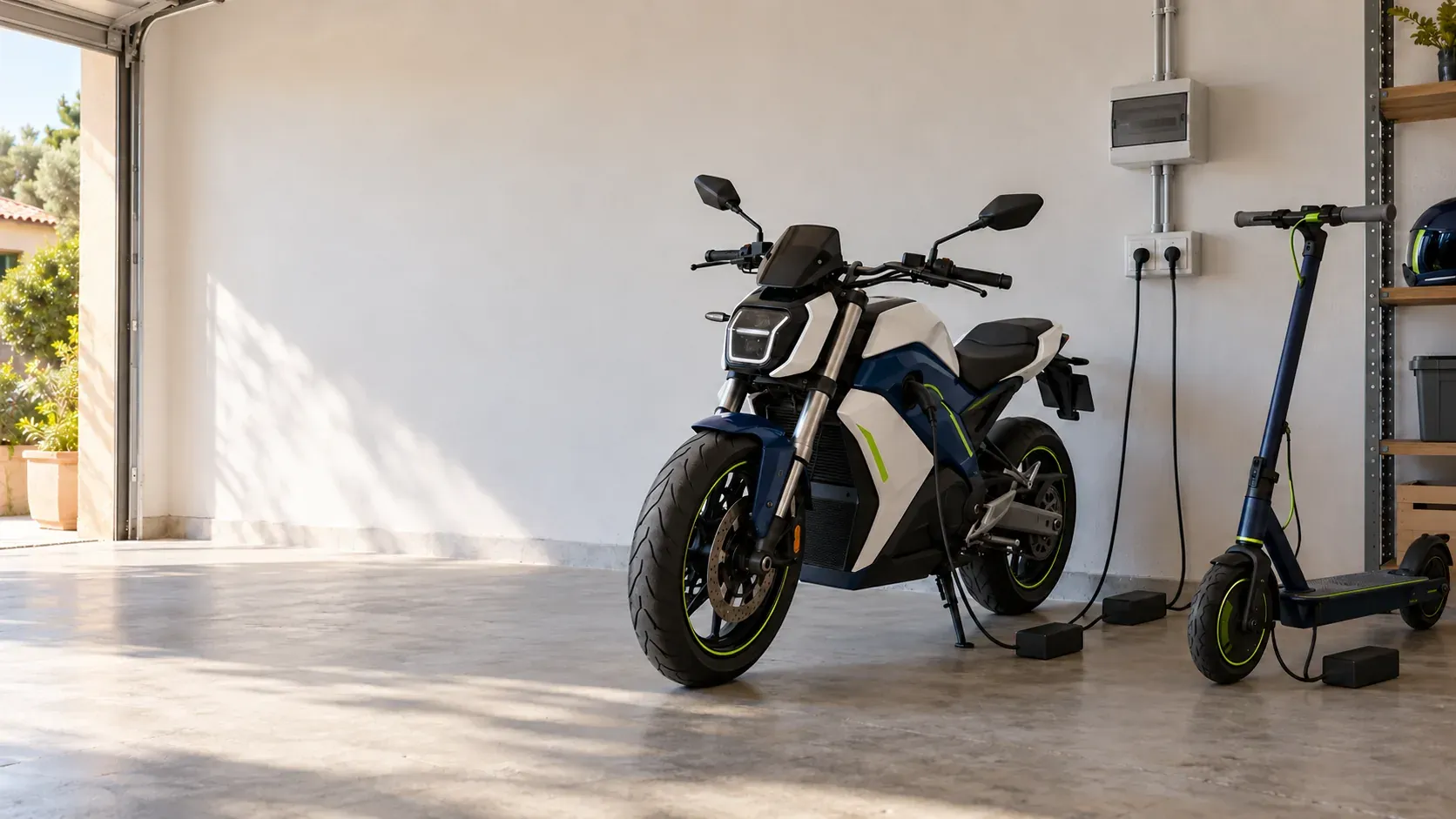 Moto eléctrica y patinete cargando en un trastero con una toma reforzada y su propio automático