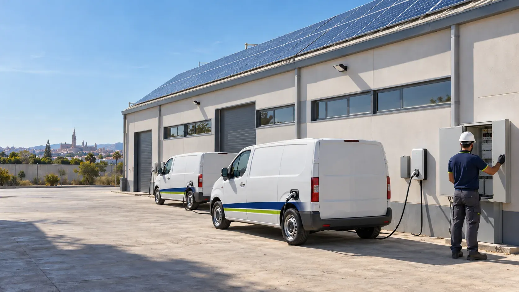 Nave industrial con paneles solares en la cubierta y cargadores en la fachada cargando furgonetas eléctricas