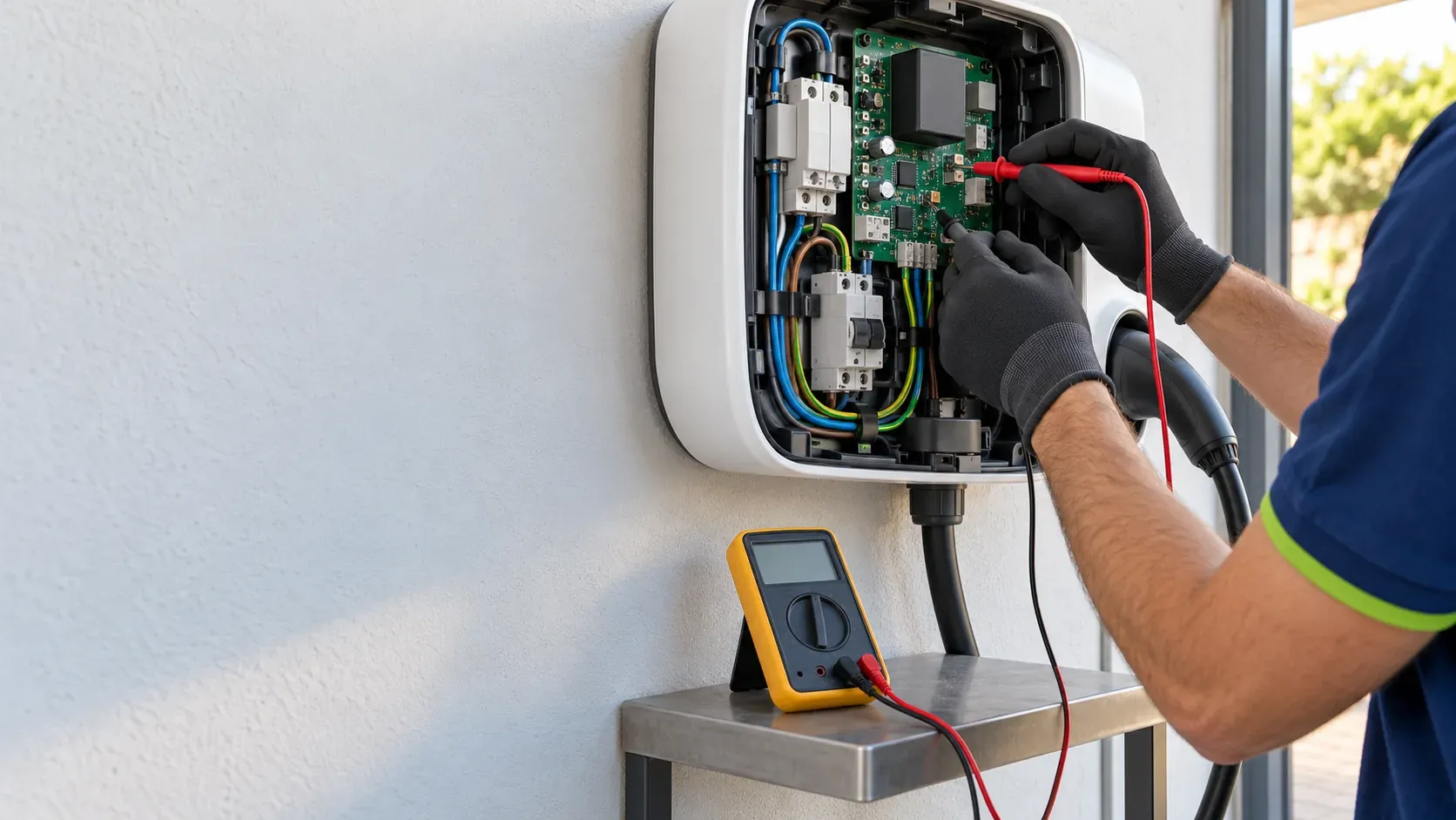 Technician testing the internal connections of an open wallbox in a garage