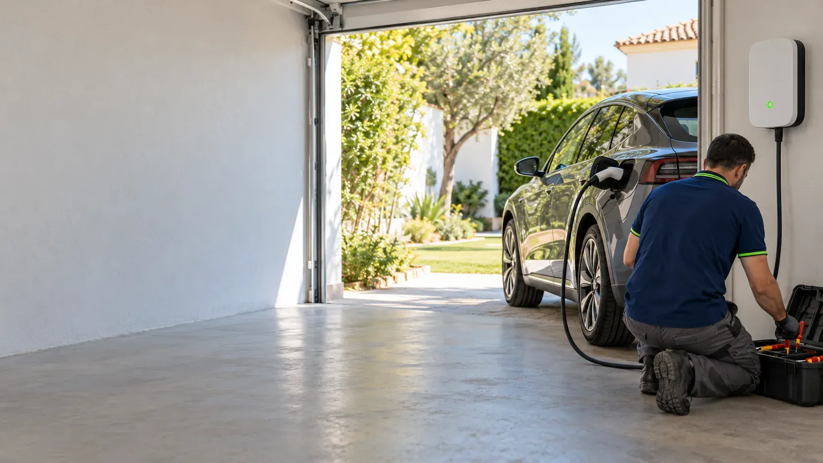 Wallbox instalado en la pared del garaje de un chalet con un coche eléctrico enchufado
