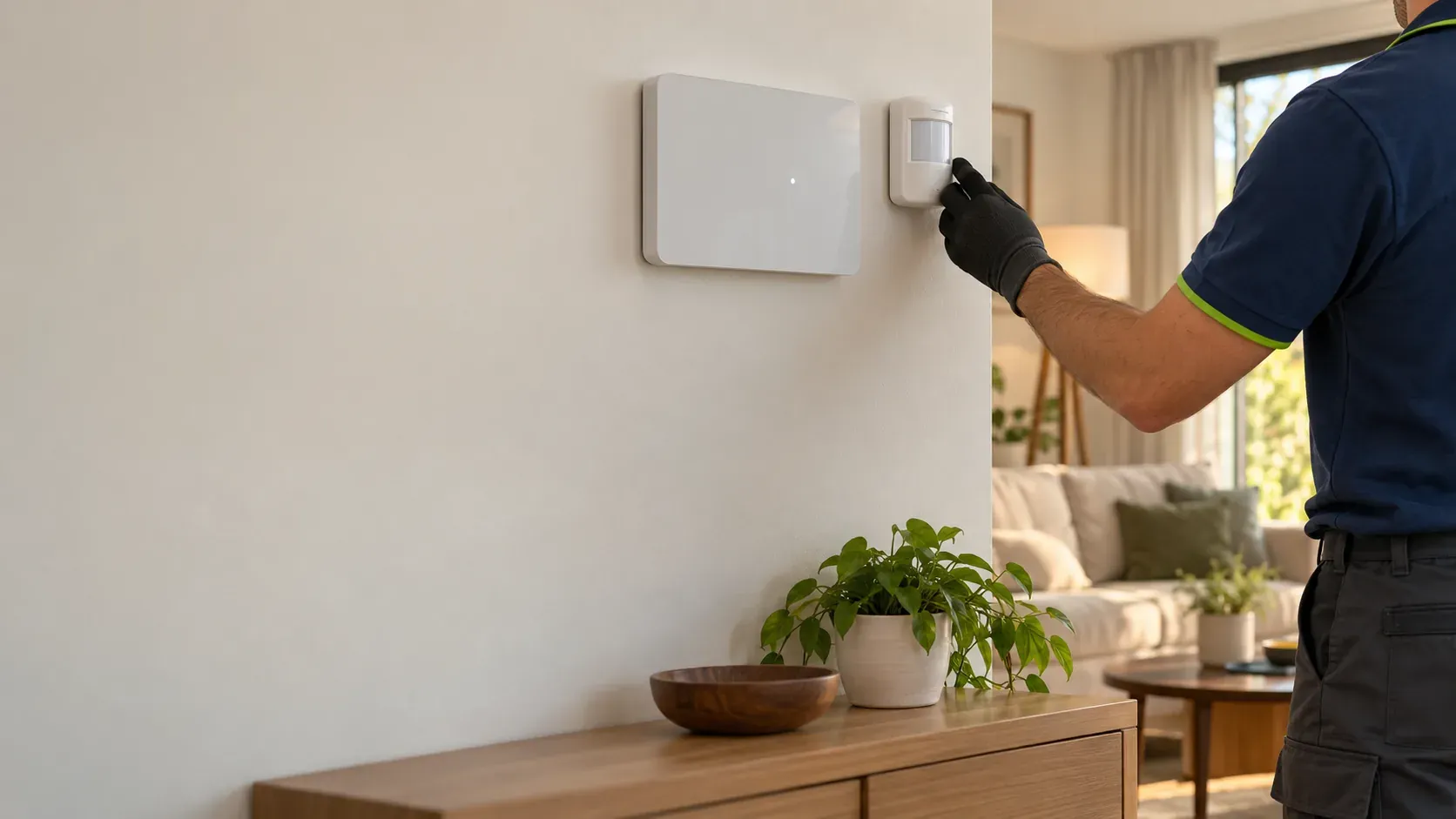 Técnico probando la central de alarma y un sensor de movimiento en la pared de un salón