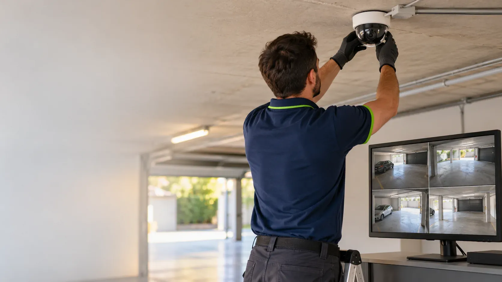Técnico ajustando el ángulo de una cámara domo en el techo de un garaje con un monitor de varias cámaras al fondo