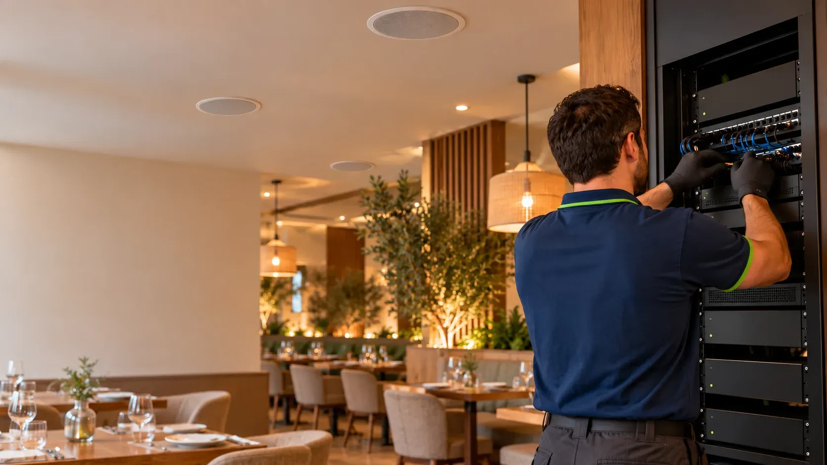 Speakers recessed in the ceiling of a restaurant and the amplifier in a rack next to the technician