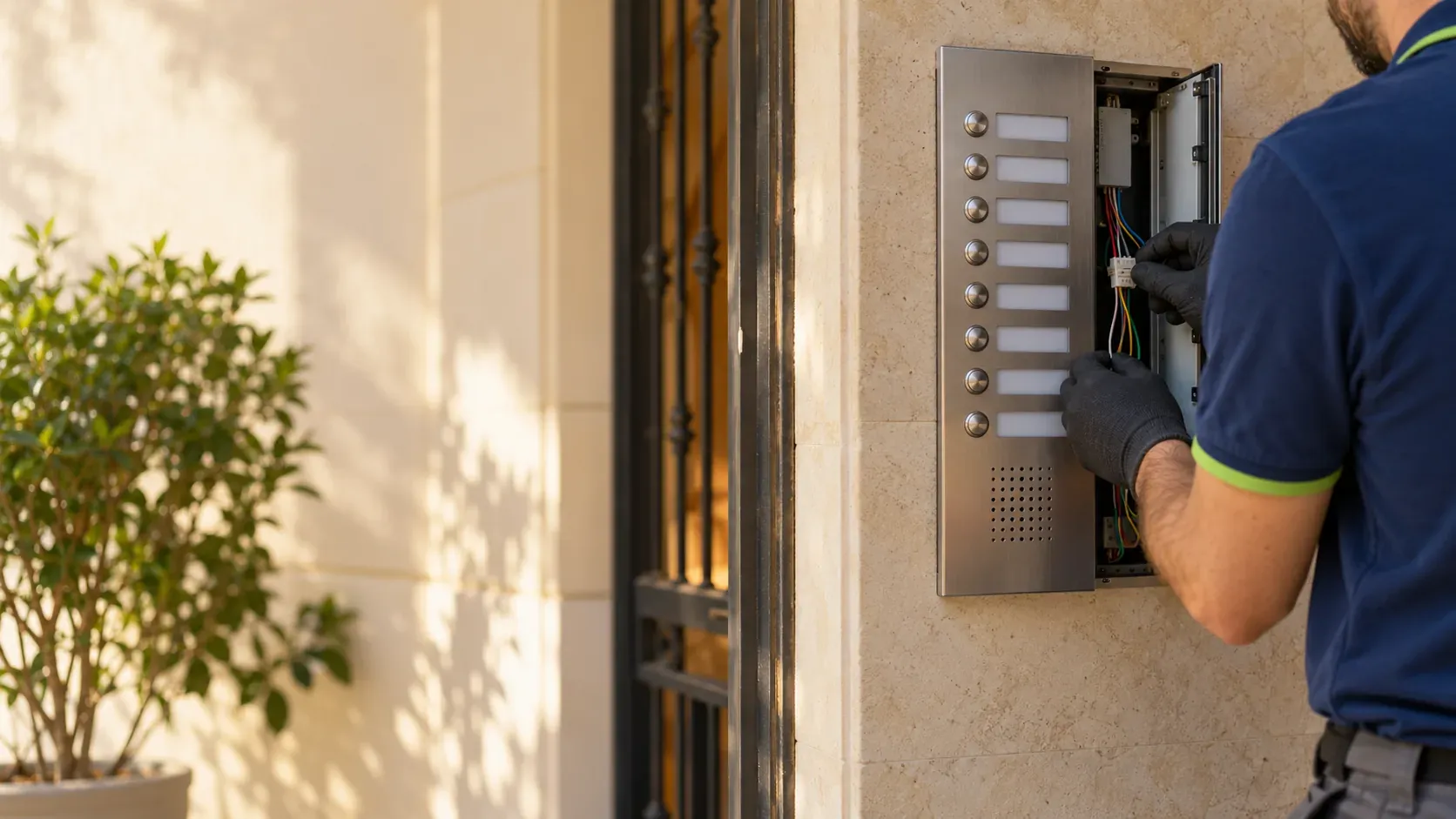 Technician connecting the back of the door entry panel of a Seville apartment block