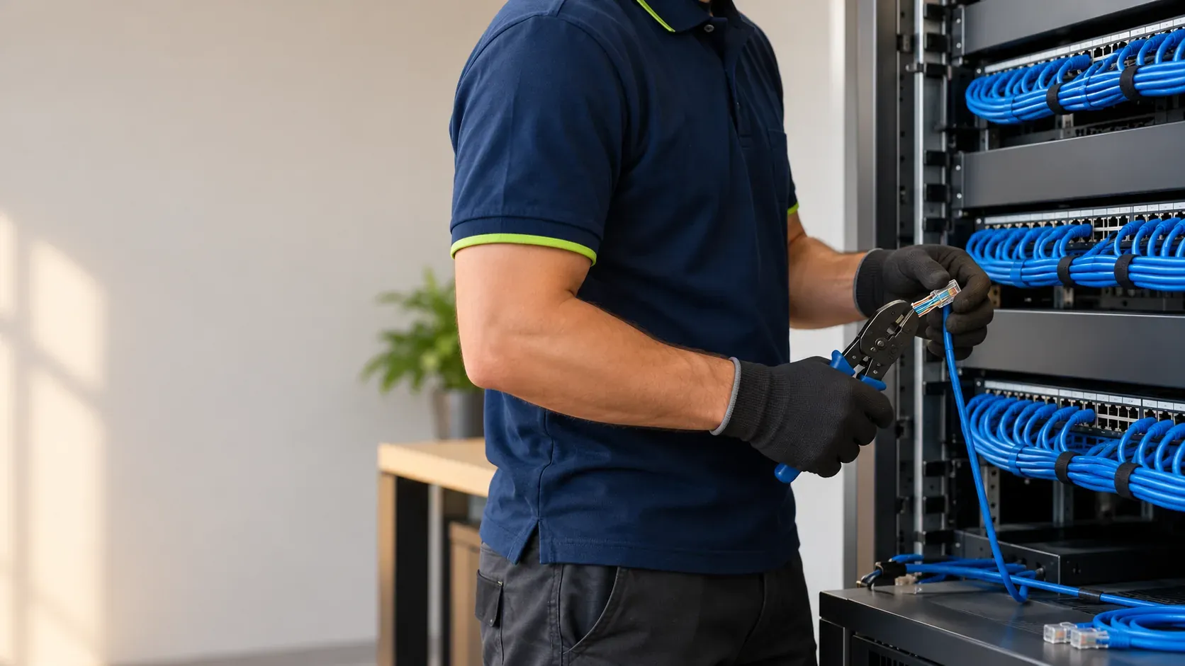 Office rack with neatly combed blue network cables and the technician crimping a connector