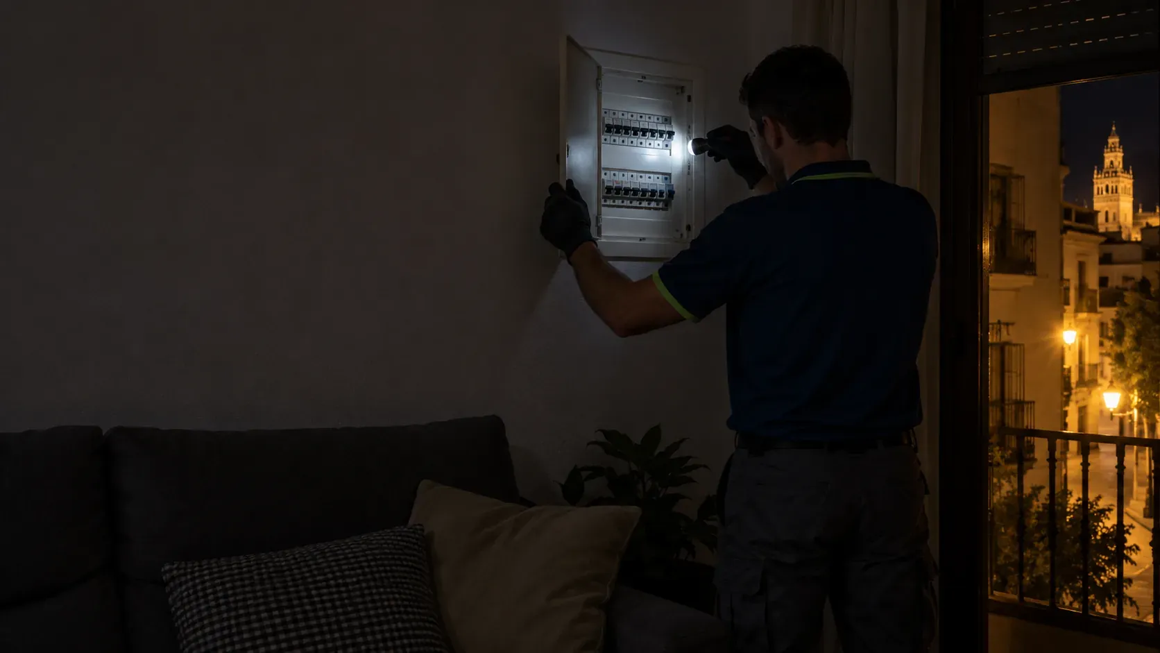 Home in darkness with the fuse board open while an electrician measures the voltage