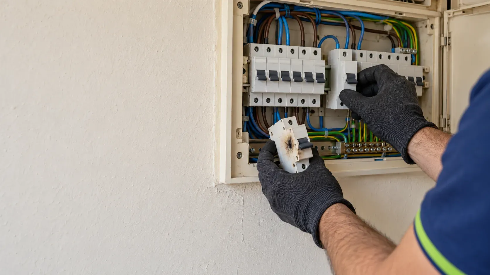 Open home fuse board with a burnt terminal next to a circuit breaker