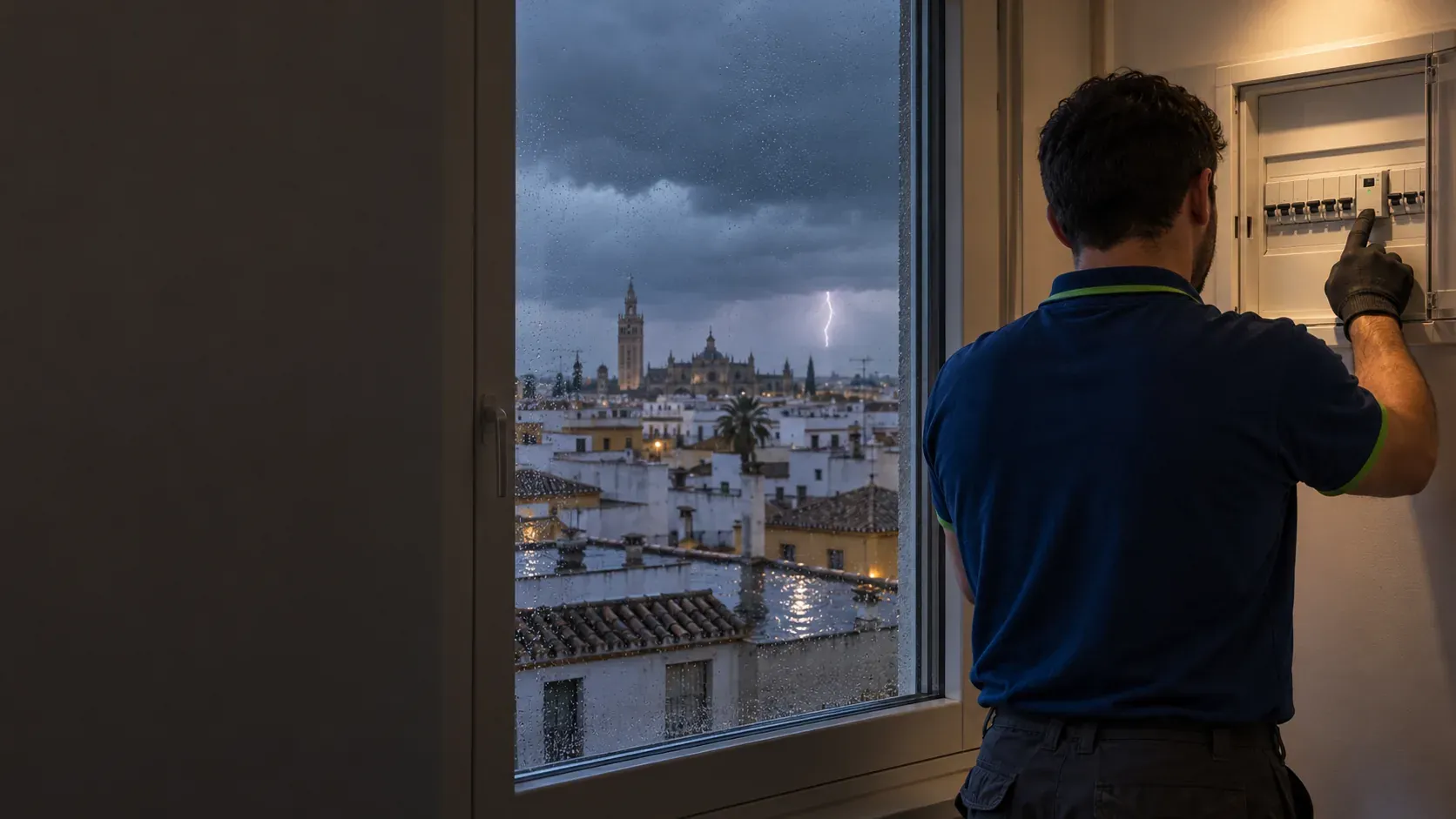 Electrician checking the fuse board of a house after a storm with lightning in the background