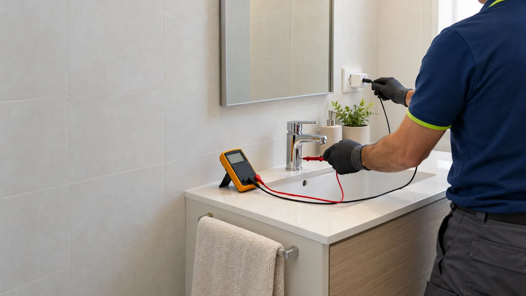 Electricista midiendo tensión en el grifo de un baño con un comprobador