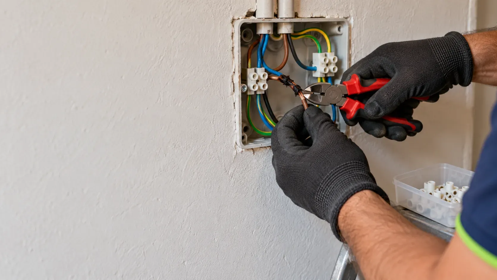 Electrician inspecting a socket blackened by a short circuit in a home