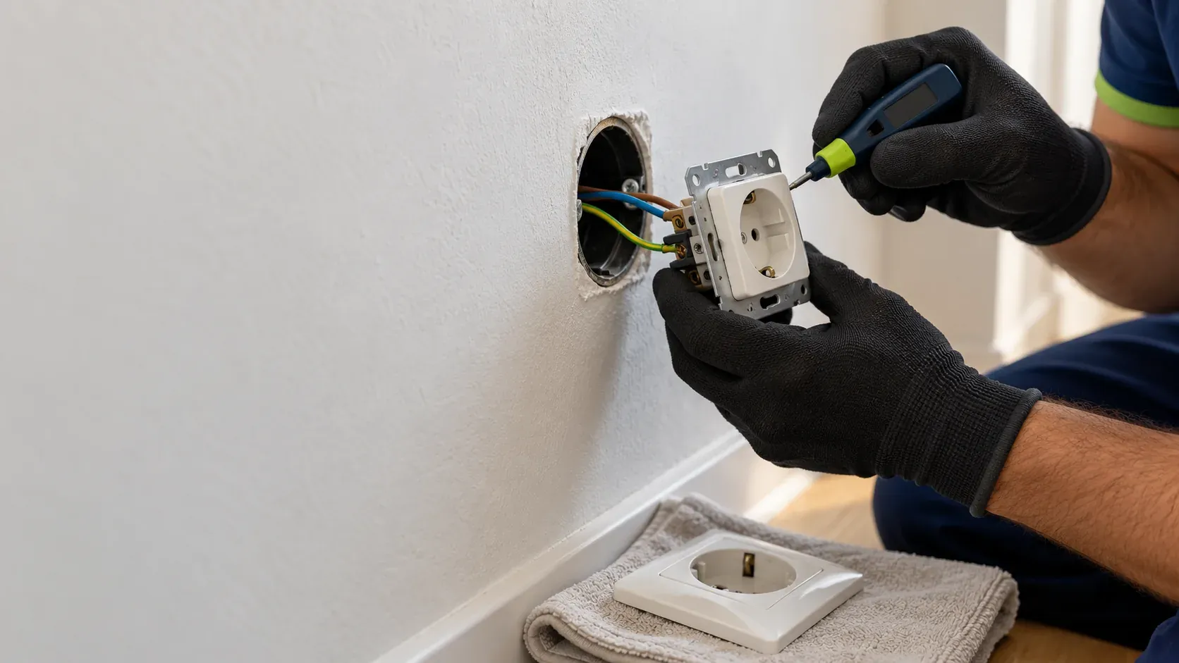 Electricista sustituyendo un enchufe quemado en la pared de un salón