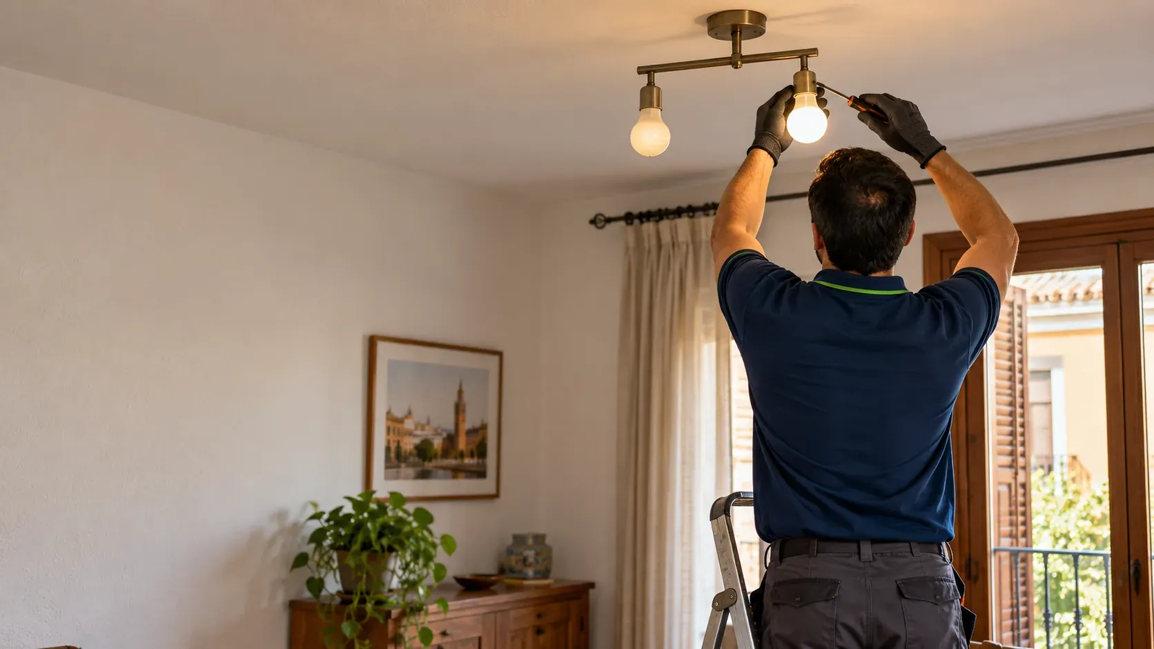 Lámpara de techo parpadeando en un salón mientras un electricista mide la tensión