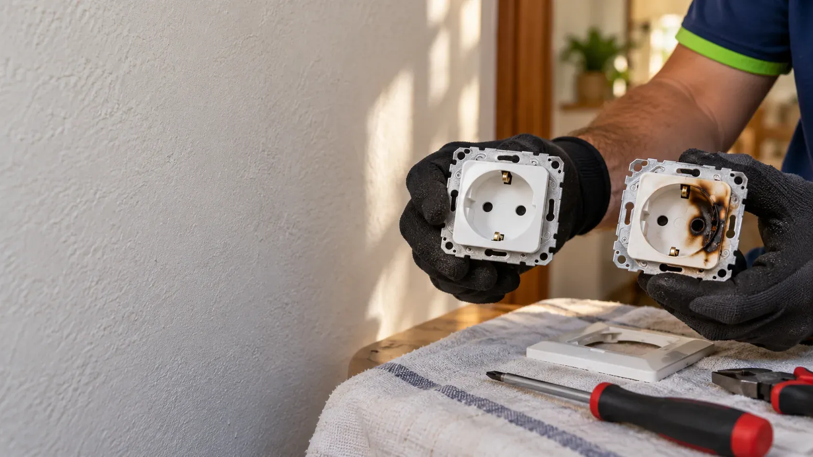Enchufe con marcas de quemado y cable derretido detrás de un mueble
