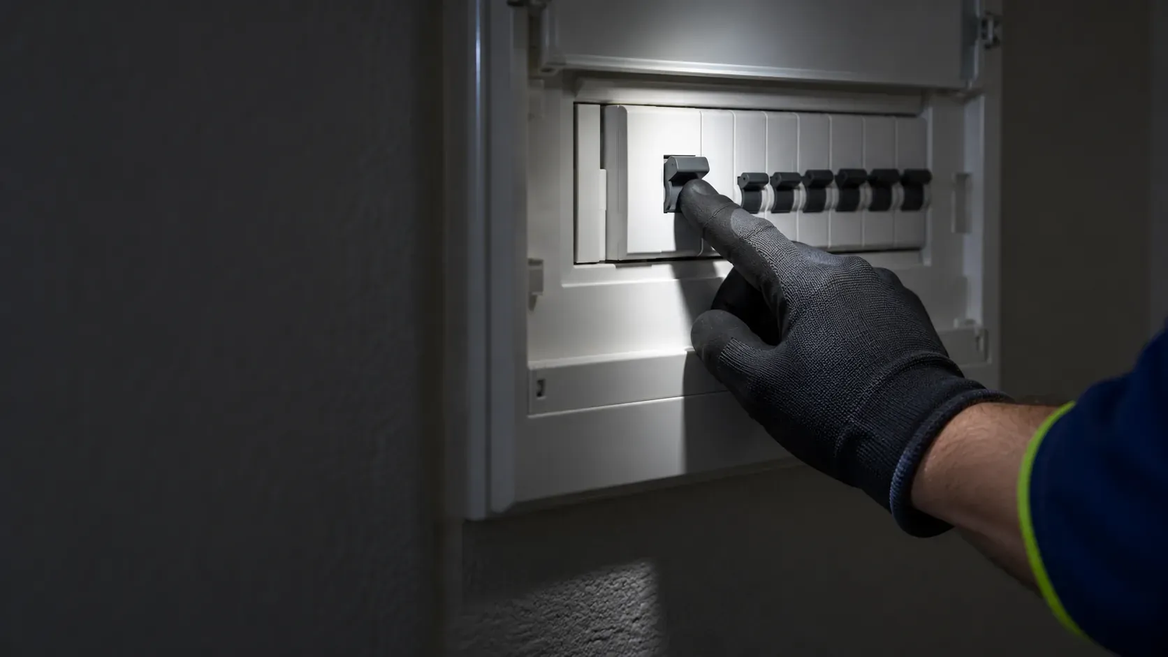 Electrician pushing up the RCD lever on the fuse board of a home