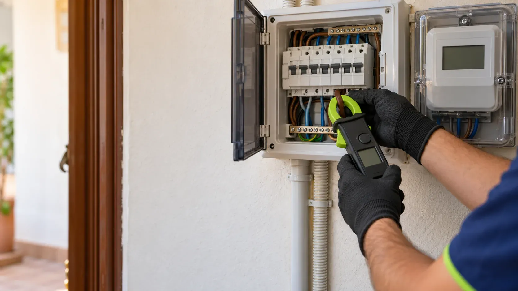 Digital electricity meter of a home next to the fuse board after cutting out for exceeding the contracted power