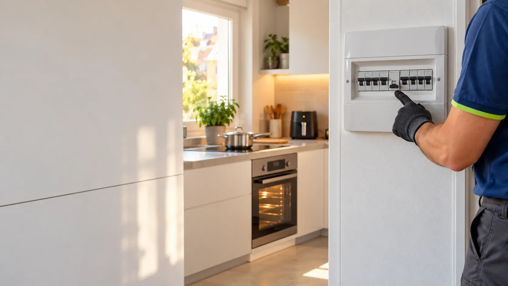 Electricista comprobando un magnetotérmico que ha saltado en el cuadro de una cocina