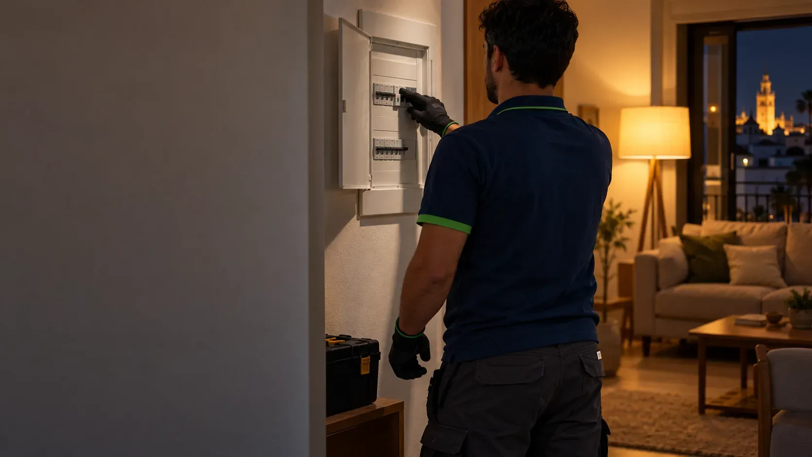 Electricista rearmando un diferencial en el cuadro de una vivienda de Sevilla de noche